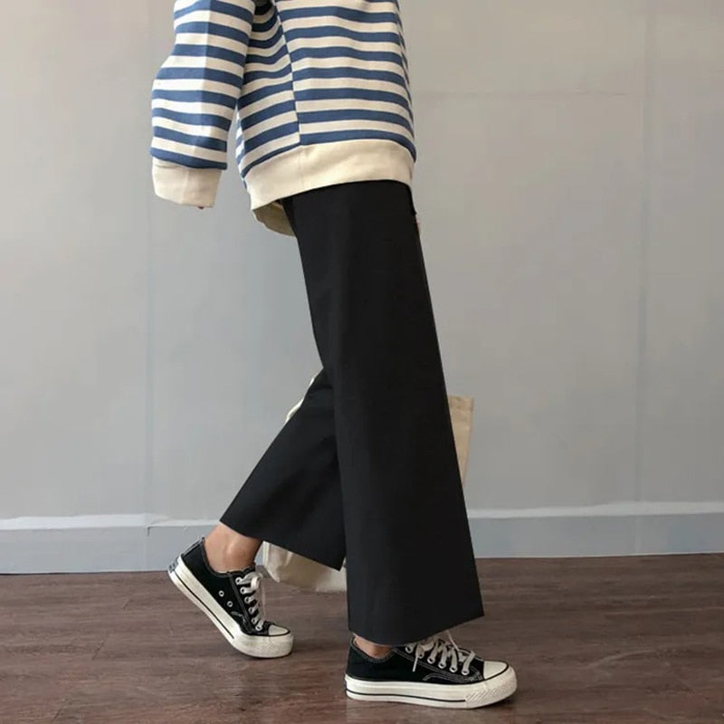 BlackPluss - Casual Pants Women Spring Summer Ankle-length Loose Wide Leg Elastic