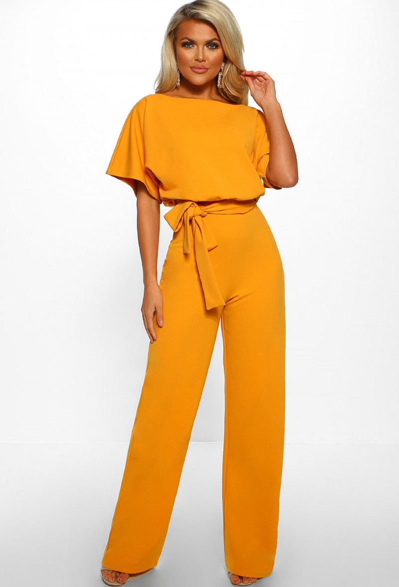 BlackPluss - Women Jumpsuit Elegant Short Sleeve Hollowed Waist Tie Solid.