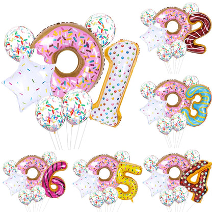 BlackPluss - 7pcs Donut Number Foil Balloons Set 1st 2nd Girls Birthday Party Decorations Candy Confetti Balloon Baby Shower Wedding Globos