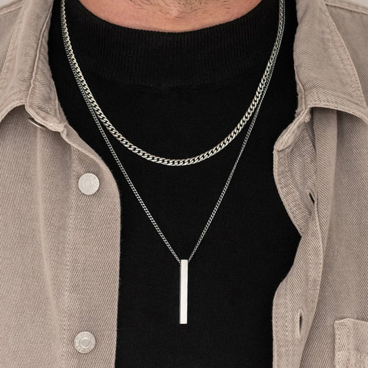 BlackPluss - Vertical Bar Necklaces for Men, Layering Stainless Steel Geometric Pendan.