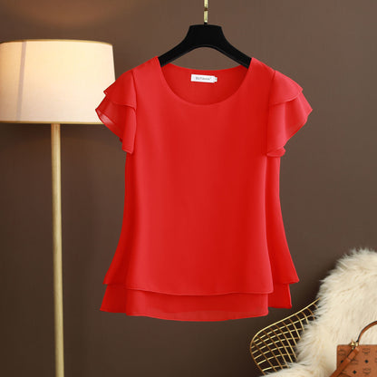 BlackPluss - Women Blouse Loose O-Neck Chiffon Shirt Female Short Sleeve Blouse Oversized Shirts womens tops.