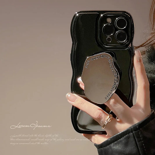 Luxury Solid Color Wavy With Metal Holder Phone Case For iPhone 15 14 13 12 11 Pro Max 14 Plus Soft Silicone Shockproof Cover