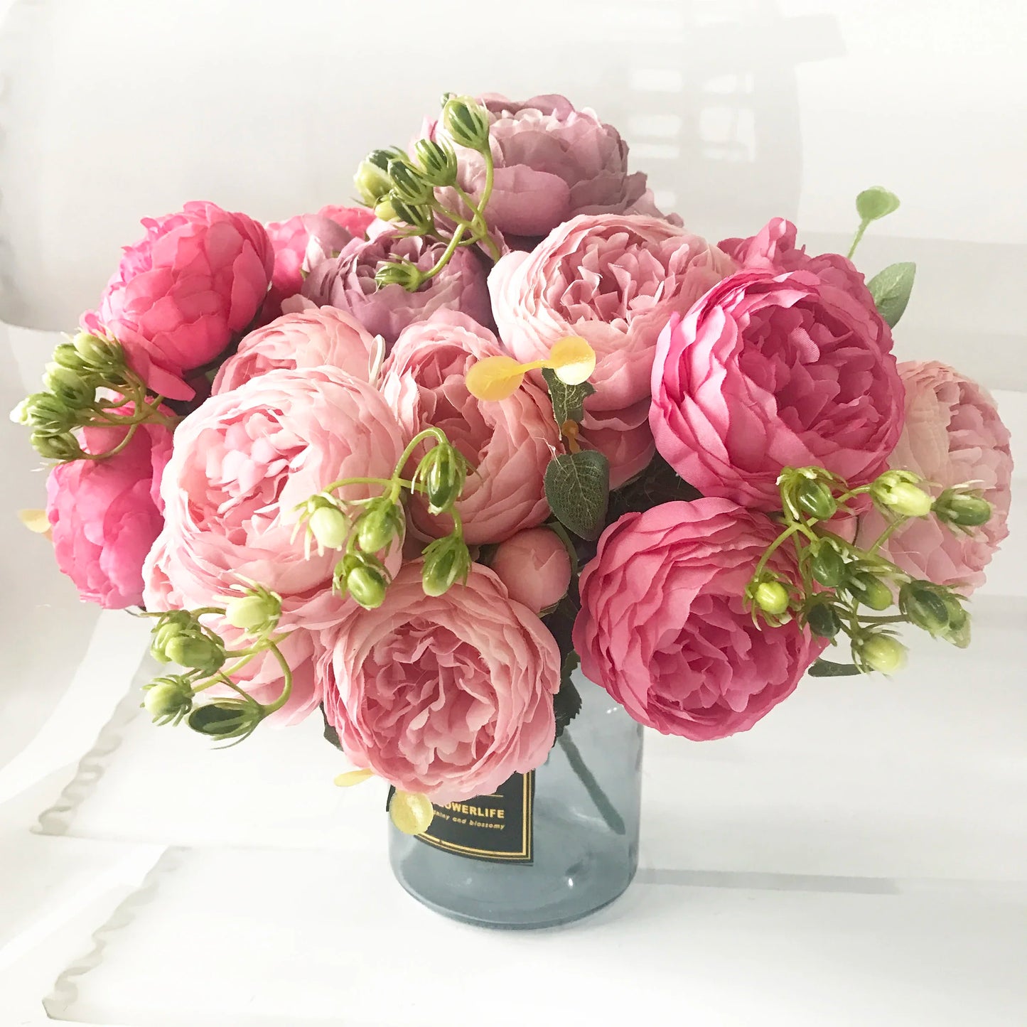 BlackPluss - 30cm Rose Pink Silk Peony Artificial Flowers Bouquet 5 Big Head and 4 Bud Flowers