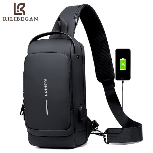 Waterproof Casual Chest Bag Men Multifunction Anti-theft USB Charging Men Crossbody Bag Patent Leather Travel Chest Bag Pack Mal