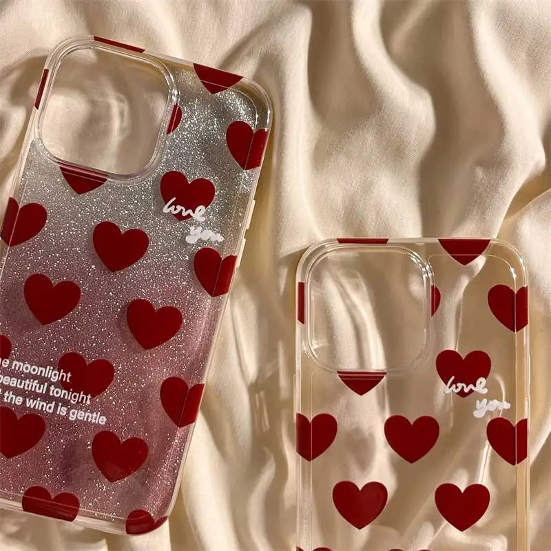 Red Love Heart Fashion For iPhone 14 13 15 12 11 Pro Max 7 8 Plus XS XR X Case Transparent Grip TPU Soft Cover