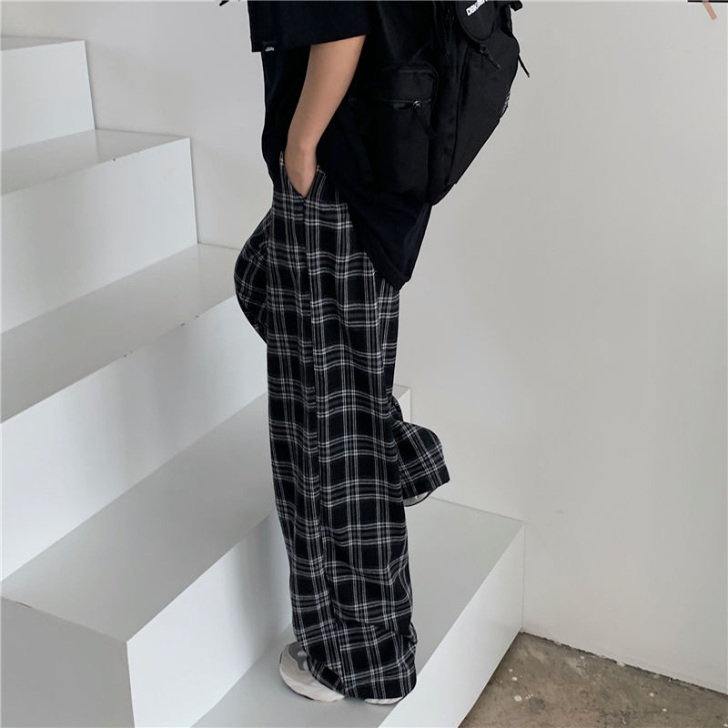 BlackPluss - Plaid Pants Men Casual Straight Trousers Hip-hop Pants.