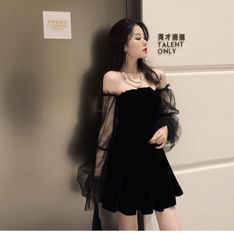 BlackPluss - Black Retro Dress Women Lace Chiffon Mini Dress.