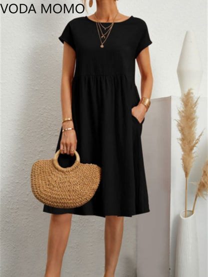 BlackPluss - Elegant cotton short-sleeved boho midi dress.