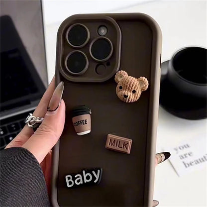 Cute 3D Bear Coffee Milk Shockproof Soft Phone Case For iPhone 11 13 12 14 15 Pro Max Plus X XR XS Max 7 8 Plus Cartoon Cover