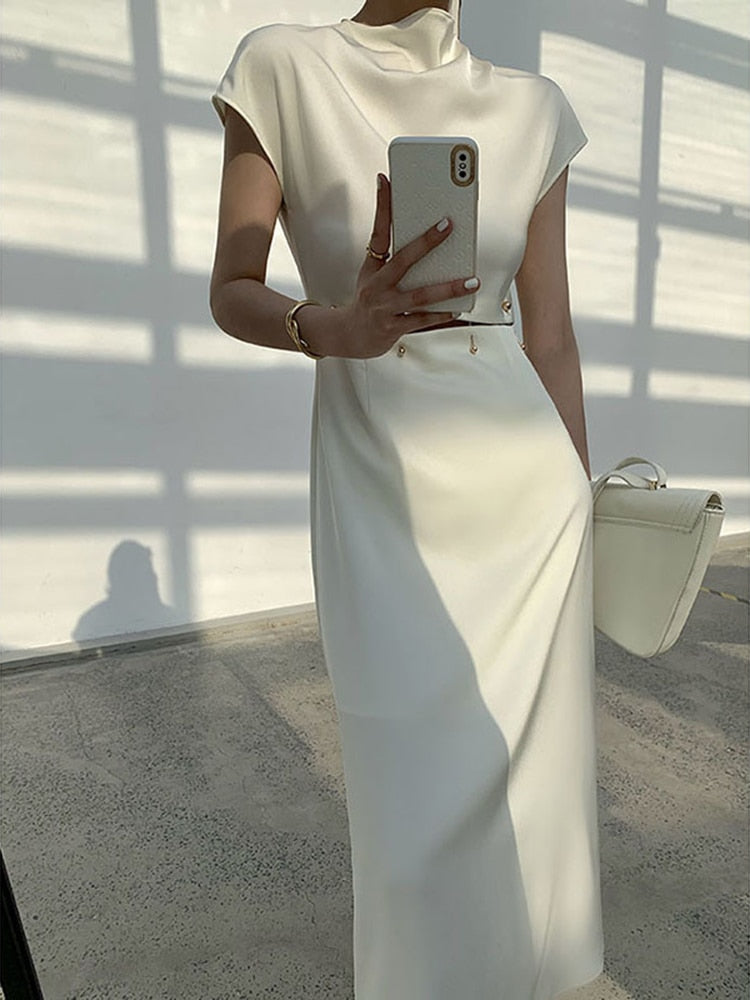 BlackPluss - Elegant White Long Dress Female Round Neck Short Sleeve.