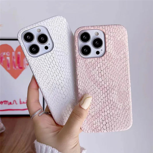 Ottwn Luxury Chic Snake Texture Leather Phone Case For iPhone 11 12 13 14 Pro Max Plus X XS XR 7 8 Plus Hard PC White Pink Cover