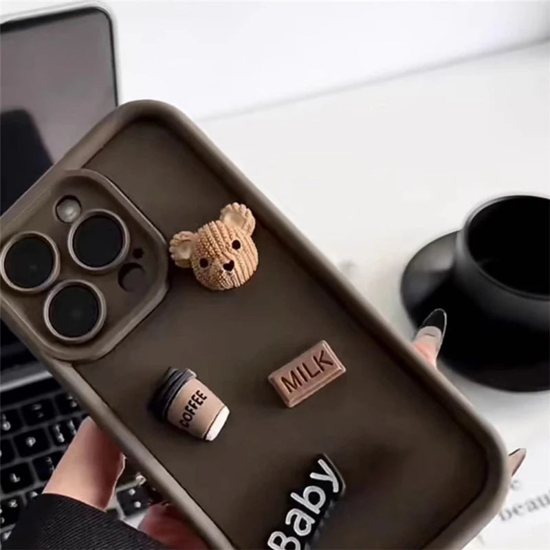 Cute 3D Bear Coffee Milk Shockproof Soft Phone Case For iPhone 11 13 12 14 15 Pro Max Plus X XR XS Max 7 8 Plus Cartoon Cover