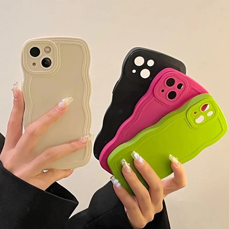 Fashion Solid Color Curly Wavy Phone Case For iPhone 15 14 13 12 11 Pro Max 14plus XS Max X XR 7 8Plus Shockproof Bumper Cover