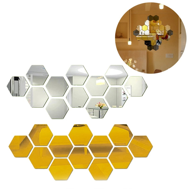 BlackPluss - 12pcs 3D Mirror Wall Stickers Hexagon Shape Acrylic