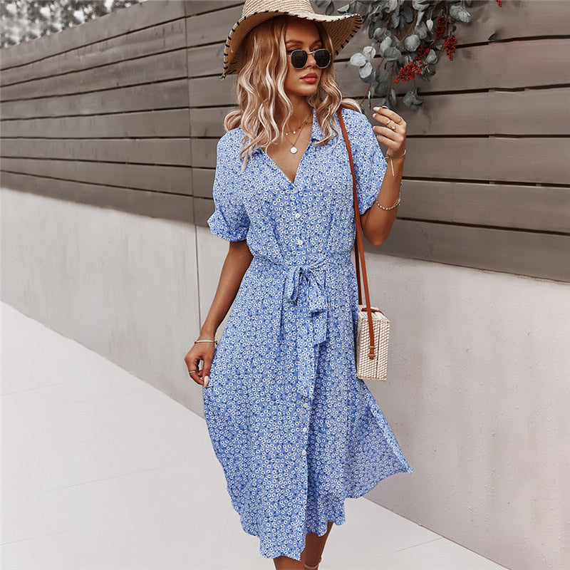 BlackPluss - Floral Short Sleeve  Midi V-Neck Beach Boho Chic Dress