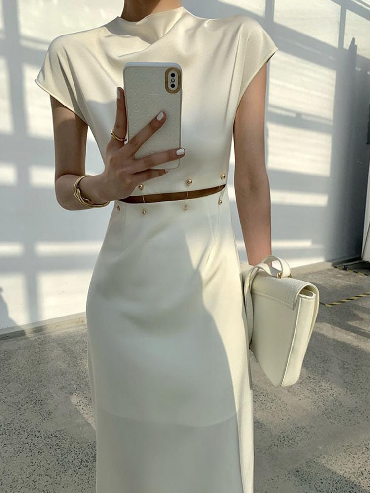 BlackPluss - Elegant White Long Dress Female Round Neck Short Sleeve.