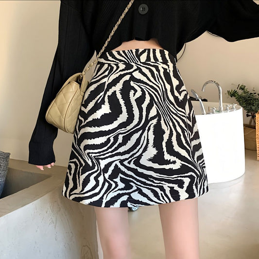 BlackPluss - Zebra Print Midi Skirt Women Autumn New Female A-line High Waist.