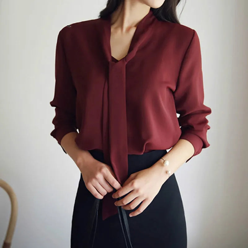 BlackPluss - Long Sleeve Bow Tie Shirt Spring and Autumn New Fashion Women's Clothing Loose Chiffon