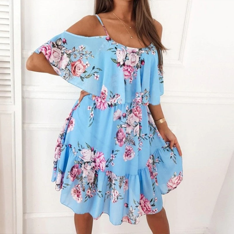 BlackPluss - Strap Floral Print Off Shoulder Chiffon Boho Dress