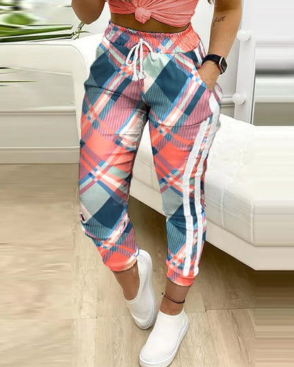 BlackPluss| Casual Pants Trousers  Colorblock Plaid print Cargo Pants