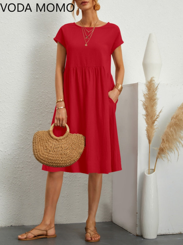 BlackPluss - Elegant cotton short-sleeved boho midi dress.