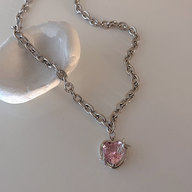 BlackPluss - Peach Heart Water Drop Pendant Necklace Pink Crystal