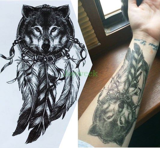 BlackPluss - Waterproof Temporary Tattoo Sticker large size dreamcatcher wolves wolf.