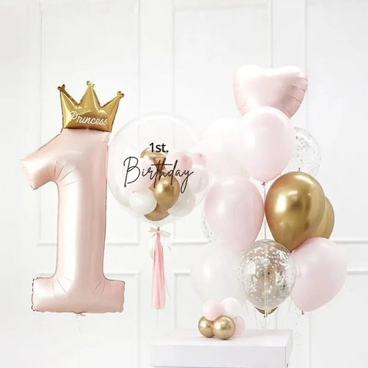 BlackPluss - 40inch Princess Crown Number Foil Balloons 1st Birthday Party Decorations Kids Girl Boy Baby First One Year Anniversary Supplies