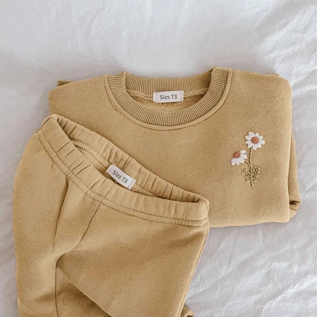 BlackPluss - Baby Girls Clothes Set Fleece Embroidery Daisy Pullover Sweatshirt+Jogger.