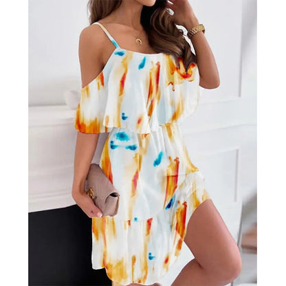 BlackPluss - Strap Floral Print Off Shoulder Chiffon Boho Dress