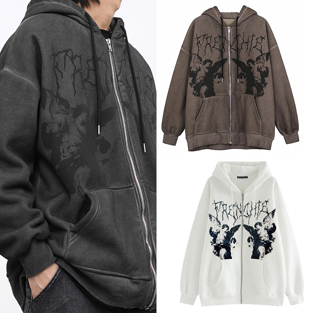 BlackPluss - Vintage Angel Print Hooded Jacket Zip Up Long Sleeve Pocket.