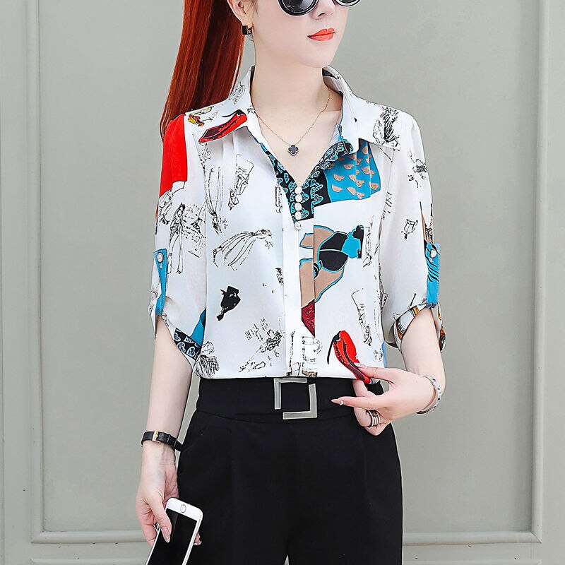 BlackPluss - Korean Fashion Printed Chiffon Shirt Ladies Half Sleeve Loose Casual.