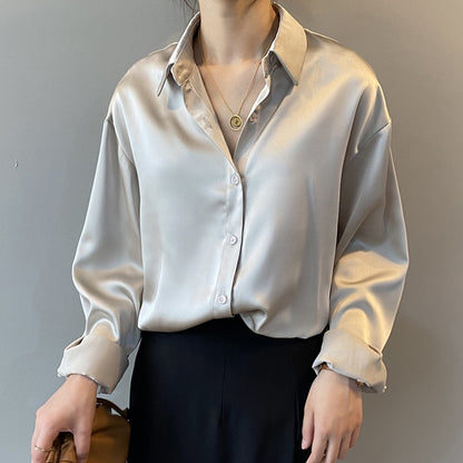 BlackPluss - Button Up Satin Shirt Vintage Blouse White Long Sleeves Female Loose Street.