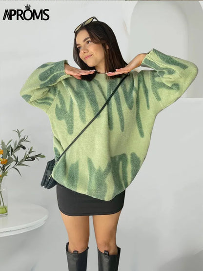 BlackPluss - Elegant Green Striped Print Pullovers Women Winter O-Neck Loose Long Sweaters Streetwear Warm Outerwear